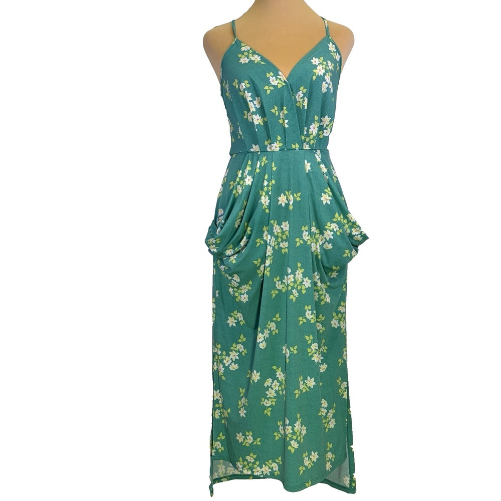BCBG Generation Faux Wrap Woman's Dress Size XS Green Floral Resort Vacation